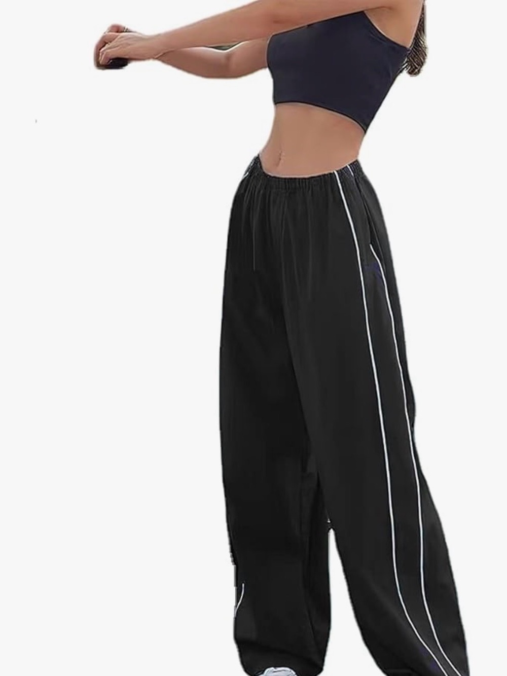 Black Wide-Leg Track Pants with White Side Piping